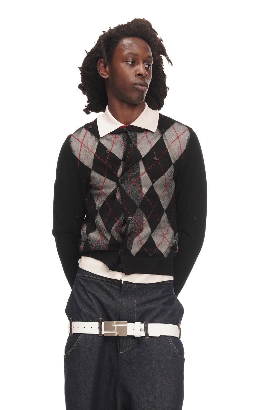 SHEER ARGYLE CARDIGAN IN BLACK