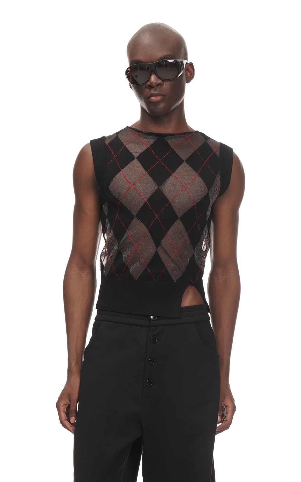 SHEER ARGYLE VEST IN BLACK